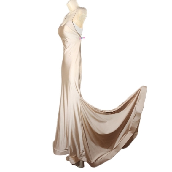 iNtrigue By Blush Dress Satin Jersey Fabric Strappy Back Champagne Size 0 - Picture 6 of 14